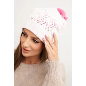 Kesi Womens winter hat with wool in decorative knit with pom-pom K467 white + pink