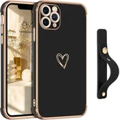 shumee OVITEK ČRNO ZA IPHONE 11 PRO OVITEK MOČEN ZLAT OKVIR DRŽALO SRČEK