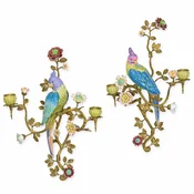 Casa Padrino Art Nouveau Wall Candle Holder Set Parrots Multicolored / Brass H. 51 cm - Wall Decor