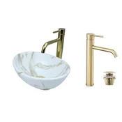 shumee GTM Design Aufsatzwaschbecken 34 cm Glanz Set mit Waschtischbatterie und Stopfen - Aufsatzwaschbecken Oval für Badezimmer - Modern Waschbecken ohne Hahnloch - Waschbecken mit Armature