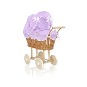 MY SWEET BABY Visok pleten voziček za punčke z vijolično posteljnino in podlogo NATALIA natural