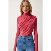 Happiness Istanbul Womens Candy Pink Gathered Detailed High Neck Sandy Blouse