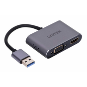 Unitek UNITEK USB-A - HDMI in VGA Adapter, Full HD, Moški in Ženski Priključek, 2 Zaslon, Aluminijasto Ohišje, 15 cm, 1920 x 1080, 60 Hz, Siva