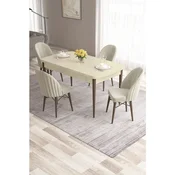 Hanah Home trpezarijski set Roz, sto na razvlacenje i 4 stolice, krem ploca, noge boje oraha, krem tkanina Babyface