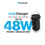 Auto punjač Teracell Evolution TC-13 PD 30V + USB KC3.0 18V, 48V (ukupno) sa Lightning kablom crni