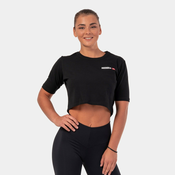 NEBBIA Women‘s T-shirt Crop Top Minimalist Logo Black S
