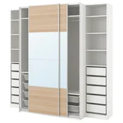 PAX/MEHAMN/AULI Garderobna omara, bela dvostransko/imitacija beljenega hrasta ogledalo, 250x66x236 cm