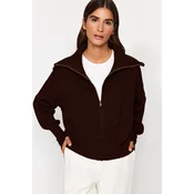 Trendyol Dark Brown Wide Pattern Turn-down Collar Zippered Knitwear Cardigan
