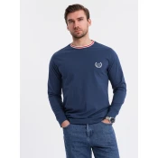Ombre Mens cotton longsleeve with striped U neckline and embroidery - dark blue
