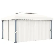 Vidaxl Paviljon z zaveso 4x3 m kremno bel aluminij