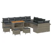 Vrtna garnitura - 14-dijelni set vrtnih sofa s jastučićima siva poly ratan acacia 2 sjedala sofa s jastučićima siva poly ratan