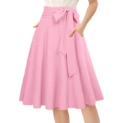 Žensko midi krilo na zvon A-linija elegantno vintage modno roza XL, plisirano krilo do kolen z okrasno pentljo v pasu, udoben material iz mešanice poliestra in elastana za vsakodnevno nošenje in