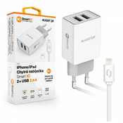 Aligator Pametni omrežni polnilec 2,4A, 2xUSB, pametni IC, bel, kabel USB za iPhone/iPad