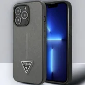 Guess Ovitek Guess Saffiano Triangle Logo za iPhone 13/13 Pro - srebrna (GUHCP13LPSATLG)