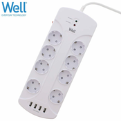 WELL EXTS-8S3M, 8x vtičnica 230V + 4x USB, 16A, 3680W, 3m prenapetostna zaščita