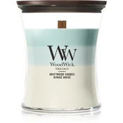 Woodwick Trilogy Driftwood Shores dišeča sveča z lesenim stenjem 275 g