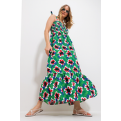 Trend Alaçati Stili Womens Green Strap Skirt Flounce Floral Pattern Gimped Woven Dress