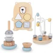 Mamabrum Komplet lesenih mini igrač s prepletalom in medvedkom - piramidica s 6 kockami, razvrščanje oblik, Montessori set od 12 mesecev