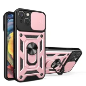 shumee Ovitek Hybrid Armor Camshield s stojalom in pokrovom za kamero za iPhone 15 - roza