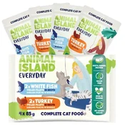 ANIMAL ISLAND Everyday Mokra hrana za mačke, puran in bela riba v brozgi, 4 x 85 g