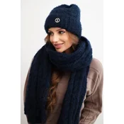 Kesi Womens set hat and scarf ribbed with decoration navy blue
