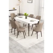 Hanah Home trpezarijski set Nix, sto na razvlacenje i 6 stolica, bela ploca, braon noge, kapucino tkanina Babyface