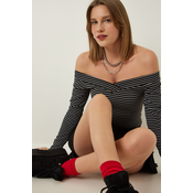 Happiness Istanbul Womens Black Asymmetric Collar Striped Wrap Knitted Blouse