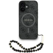Guess PU Leather 4G barvni obroč trak MagSafe zadnji ovitek za iPhone 16 črn