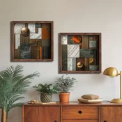 WallXpert set uramljenih MDF slika DOS079-70, apstraktna geometrijska kompozicija od mermera, drveta i zlatnih krugova, 2 x 70 x 70 cm
