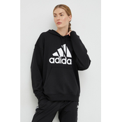 Bombažen pulover adidas ženska, črna barva, s kapuco