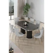 Hanah Home trpezarijski set Galya, sto i 6 stolica, ploca u dekoru crnog mermera, hromirane noge, siva tkanina Babyface
