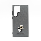 Originalen Ovitek Karl Lagerfeld za Samsung Galaxy S24 Ultra Grey Saffiano Karl & Choupette Metal Pin - Siva