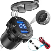 Vgrajen vodoodporen polnilnik/vtičnica z merilnikom napetosti, 2x USB, QuickCharge 3.0