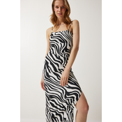 Happiness Istanbul Womens Black and White Patterned Gathered Summer Knitted Dress