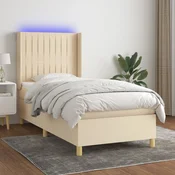 Greatstore Box spring postelja z vzmetnico LED krem 90x200 cm blago