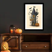 WallXpert uramljena slika 3752HALCT-013, ukleta kula Haunted Tower sa duhom i bundevom, 37 x 52 cm, crni ram
