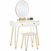 HOMCOM Industrijski stil LED osvetljeno straniščno ogledalo, mizica za ličenje s stolčkom, straniščna omarica s stikalom na dotik, bela