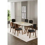Hanah Home trpezarijski set Flori, sto i 6 stolica, ploca u dekoru travertina, noge sa završnom obradom u izgledu drveta, crna tkanina Babyface