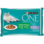Purina ONE Indor vrečke za mačke, mini fileji s tuno in stročjim fižolom ter s teletino in korenjem v soku, 48 x 85 g