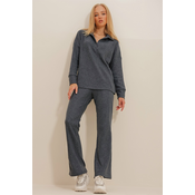 Trend Alaçati Stili Womens Anthracite Polo Top and Palazzo Pants Knitwear Bottom and Top Set