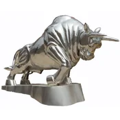Casa Padrino luxury XXL garden decoration sculpture bull silver H. 240 cm - Huge garden decoration stainless steel figure - XXL stainless steel animal figure - XXL stainless steel garden sculptures
