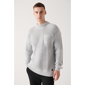 Avva Mens Gray Crew Neck Pocket Detailed Cotton Loose Comfort Fit Relaxed Cut Knitwear Sweater