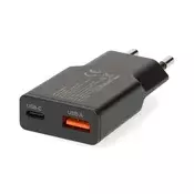 Nedis WCHA30BK brzi punjač USB-A / USB-C, GaN, PD3.0, QC, funkcija brzog punjenja 1,5 / 2,0 / 2,5 / 3,0 A, 30 W, crni