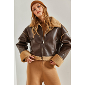 Bianco Lucci Womens Furry Leather Coat with Side Pockets