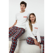 Trendyol Womens Couple White 100% Cotton Plaid Slogan Knitted Pajama Set
