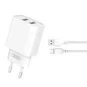 XO TelForceOne XO CE02C omrežni polnilec, 2x USB, 2.1A, bela + MicroUSB kabel