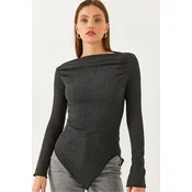 Bianco Lucci Womens Draped Boat Neck Asymmetrical Knitted Blouse