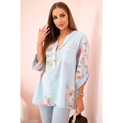 Kesi Włoski Womens cotton blouse with a floral pattern and buttons blue