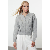 Trendyol Gray Soft Textured Zippered Stone Embroidered Jacket-Look Knitwear Cardigan