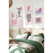 WallXpert set od 8 manjih uramljenih slika Çgs-023, roze motivi – tigrovi, meda i natpisi Girls Dont Cry, Roar i Lucky You, beli ram